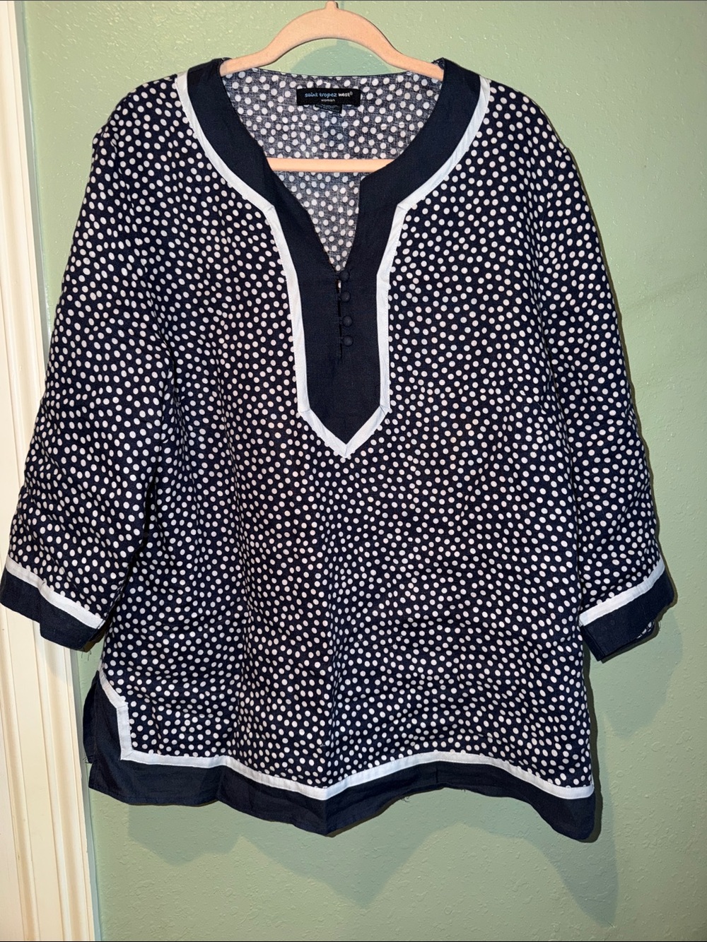 Saint Tropez  1X Navy and White Polka Dot Tunic Top 💯 linen